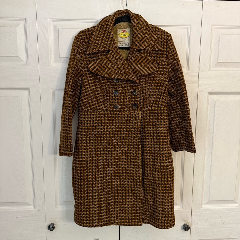 Vintage Collon Royal Hollywood Fashion Women's Wool Houndstooth Brown Coat M